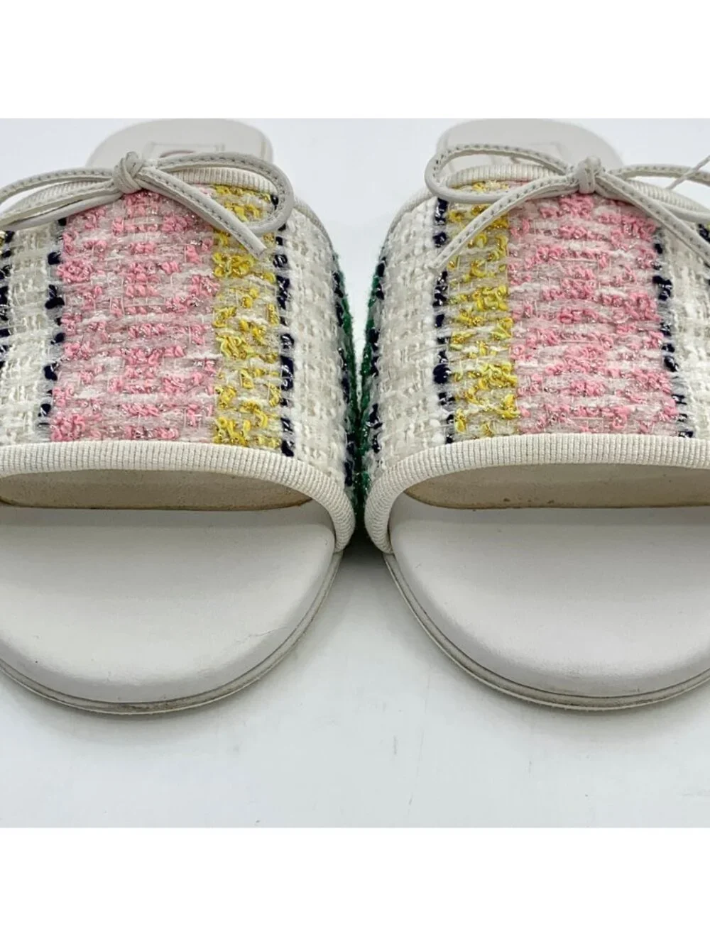 Chanel White Tweed Bow Slide Sandals